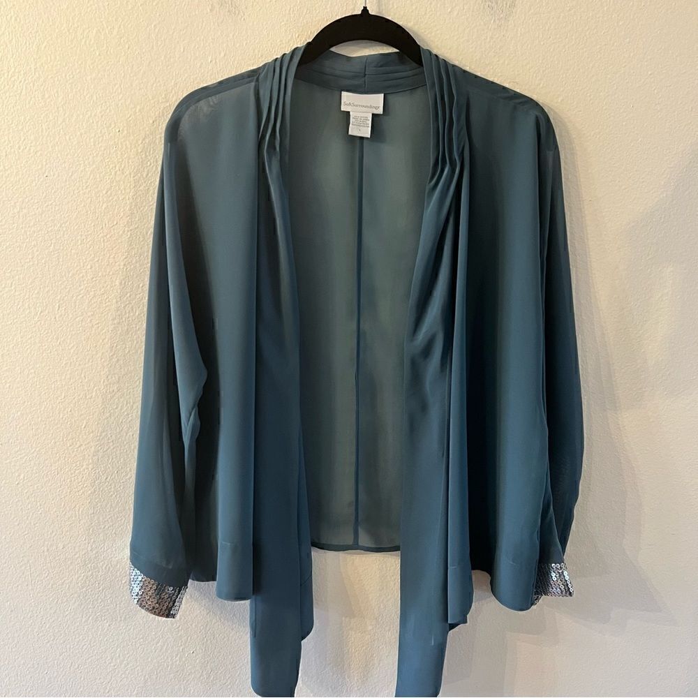 Soft Surroundings Cardigan Jacket Topper Sz Large Blue 3/4 Sleeves Sequin Sheer